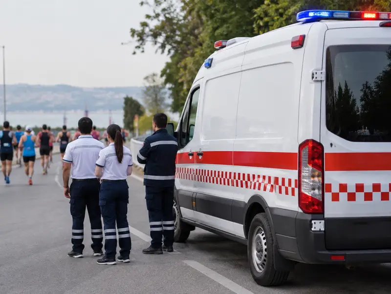 Koşu etkinliğinde hazır bekleyen kırmızı özel ambulans ve sağlık ekibi