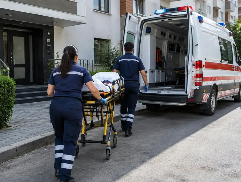 Sağlık ekibi sedyeyle evden hasta almaya gidiyor