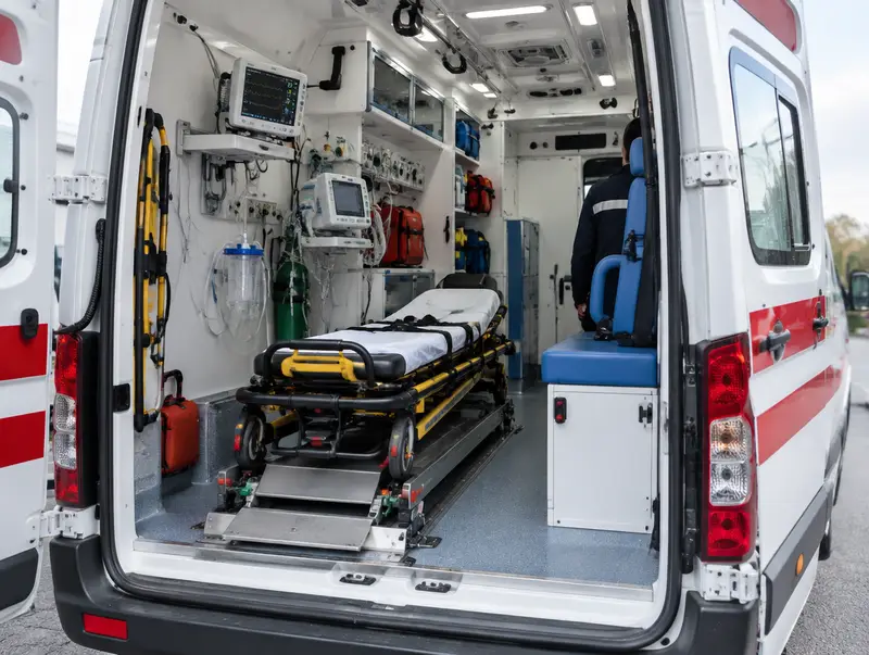 Yoğun bakım ambulansının içi: monitör, solunum cihazı ve sedye